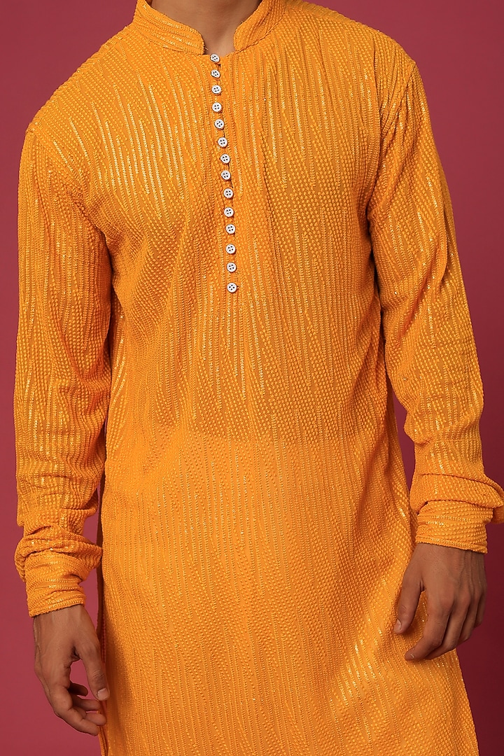 Mustard Embroidered Kurta Set by Spring Break Men at Pernia's Pop Up Shop