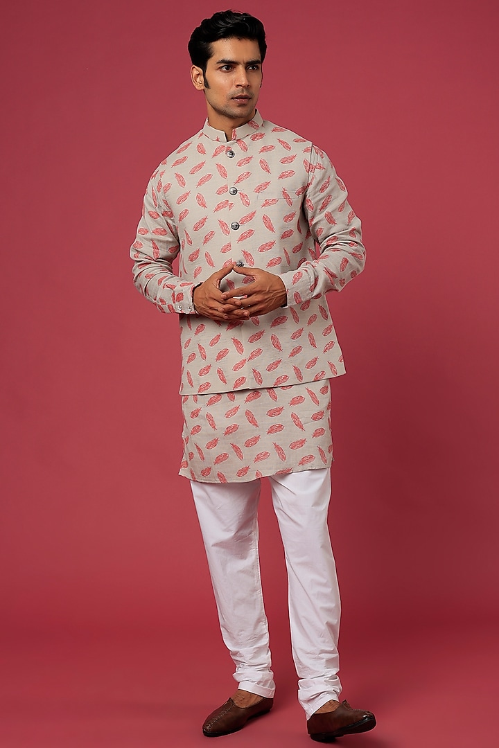 Beige Cotton Printed Bundi Jacket With Kurta Set by Spring Break Men