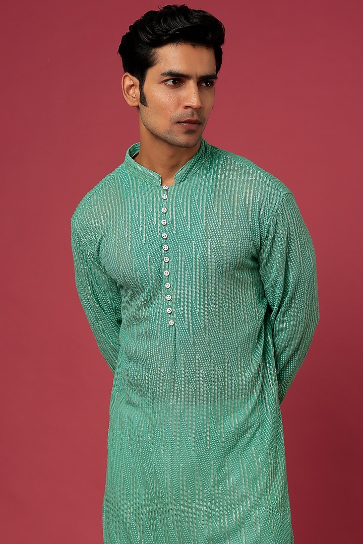 Green Cotton Polyester Sequin Embroidered Kurta Set by Spring Break Men at Pernia's Pop Up Shop