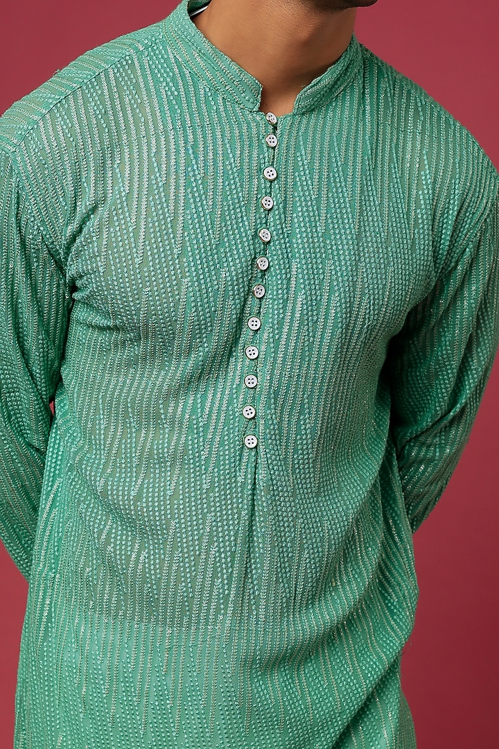 Green Cotton Polyester Sequin Embroidered Kurta Set by Spring Break Men at Pernia's Pop Up Shop