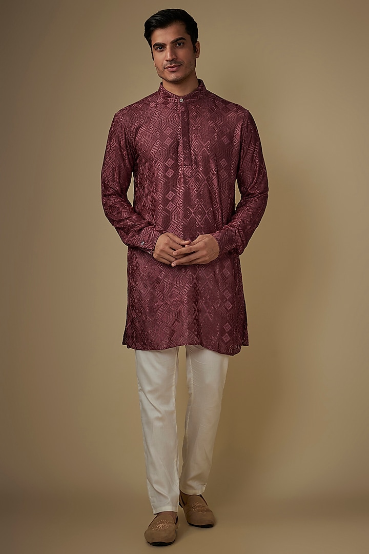 Maroon Viscose Lucknowi Embroidered Kurta Set by Spring Break Men at Pernia's Pop Up Shop