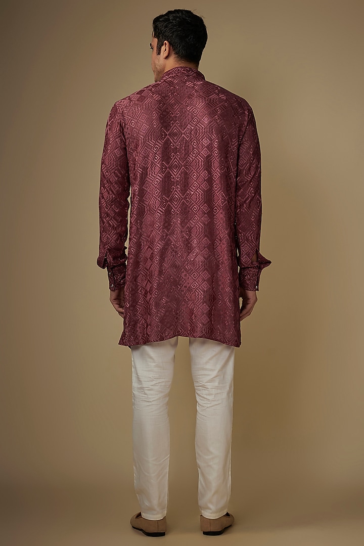 Maroon Viscose Lucknowi Embroidered Kurta Set by Spring Break Men at Pernia's Pop Up Shop