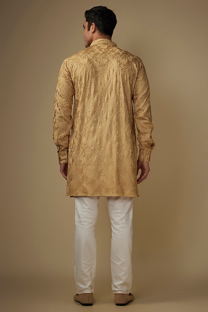 Gold Blended Silk Applique Embroidered Kurta Set by Spring Break Men at Pernia's Pop Up Shop
