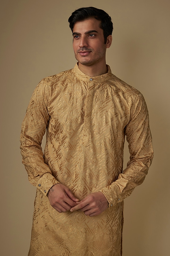 Gold Blended Silk Applique Embroidered Kurta Set by Spring Break Men at Pernia's Pop Up Shop
