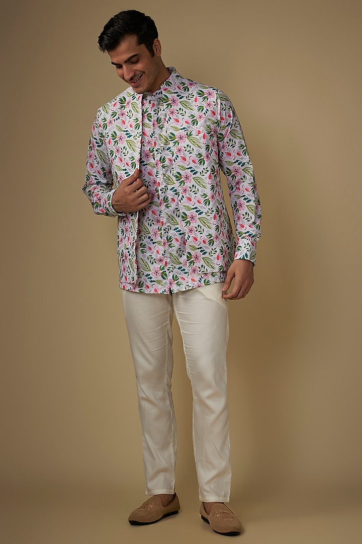 White Cotton Flamingo Digital Printed Indo-Western Set by Spring Break Men at Pernia's Pop Up Shop