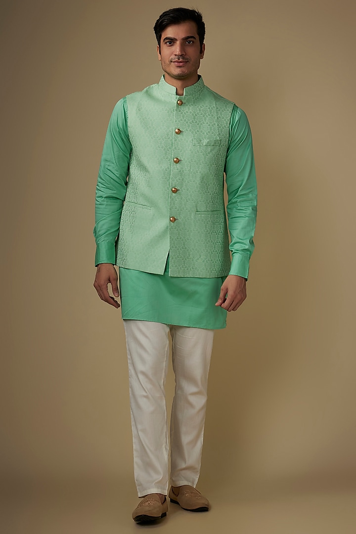 Mint Green Cotton Silk Floral Embroidered Bundi Set by Spring Break Men