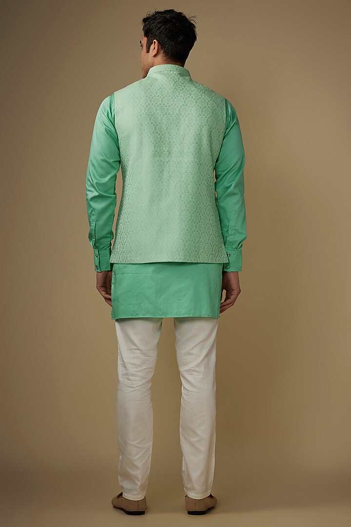 Mint Green Cotton Silk Jacquard Bundi Set by Spring Break Men at Pernia's Pop Up Shop