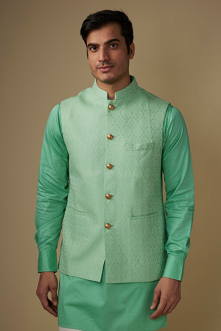 Mint Green Cotton Silk Jacquard Bundi Set by Spring Break Men at Pernia's Pop Up Shop