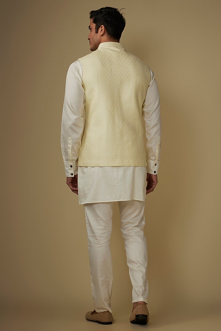 Light Yellow Cotton Silk Jacquard Bundi Set by Spring Break Men at Pernia's Pop Up Shop