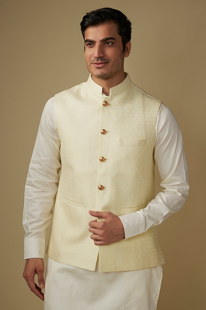 Light Yellow Cotton Silk Jacquard Bundi Set by Spring Break Men at Pernia's Pop Up Shop