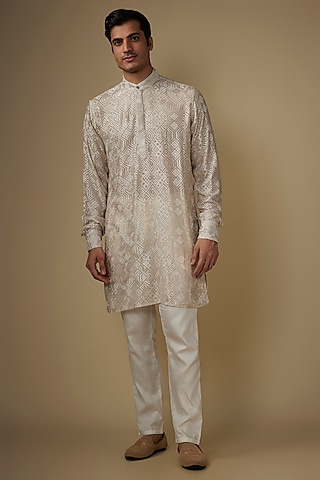 Ivory Viscose Lucknowi Embroidered Kurta Set by Spring Break Men