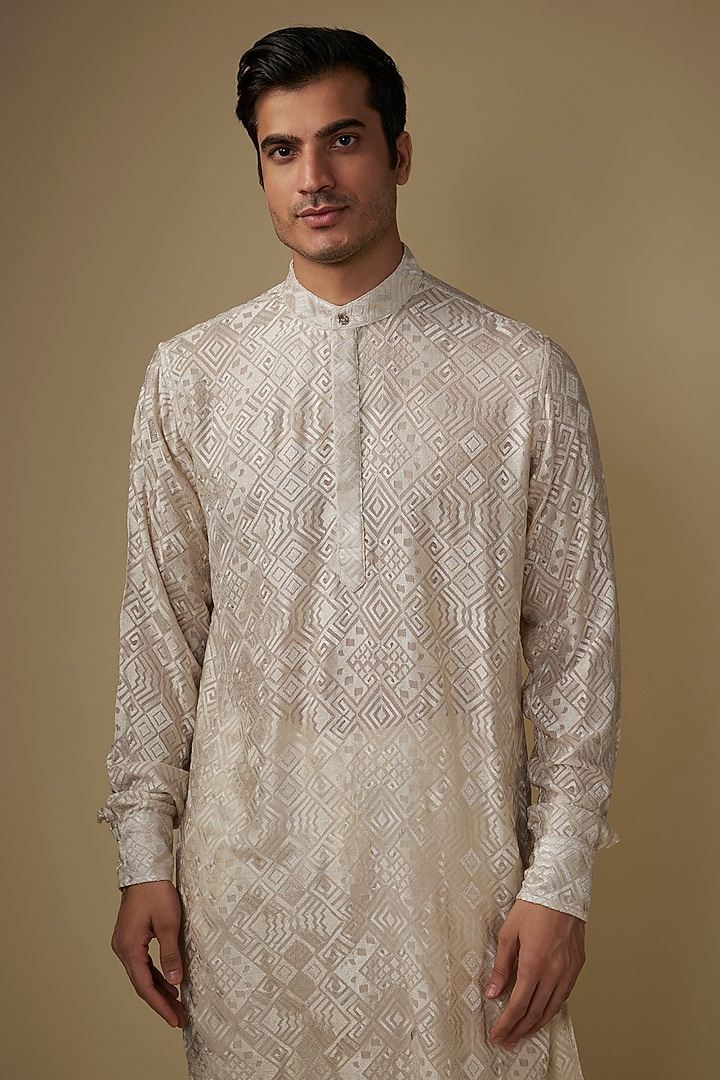Ivory Viscose Lucknowi Embroidered Kurta Set by Spring Break Men at Pernia's Pop Up Shop