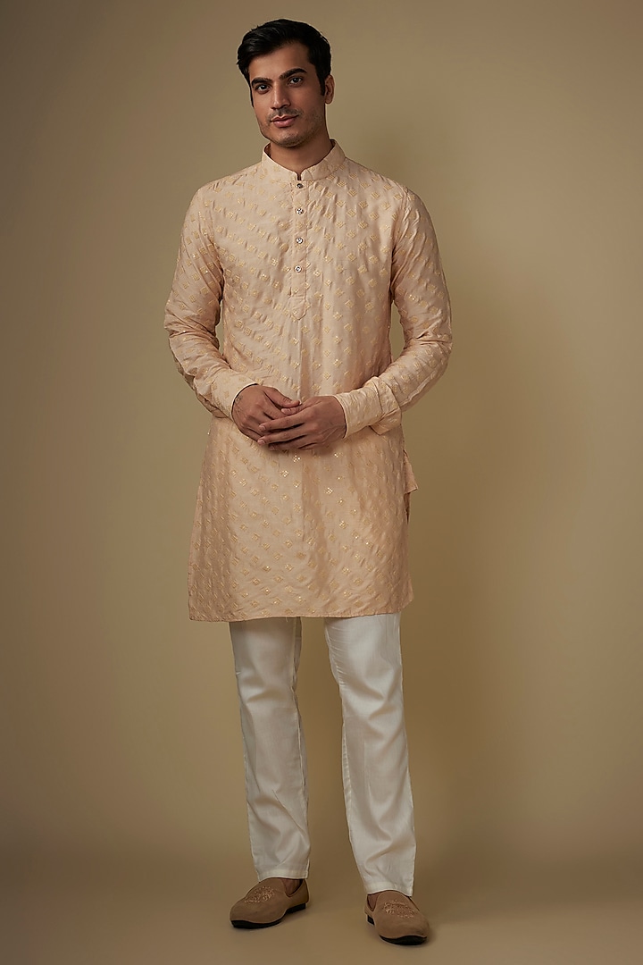 Light Pink Blended Silk Applique Embroidered Kurta Set by Spring Break Men at Pernia's Pop Up Shop