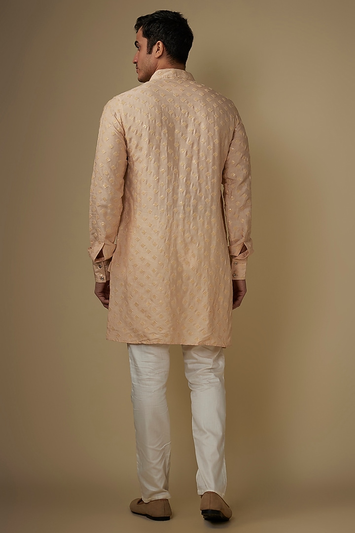 Light Pink Blended Silk Applique Embroidered Kurta Set by Spring Break Men at Pernia's Pop Up Shop
