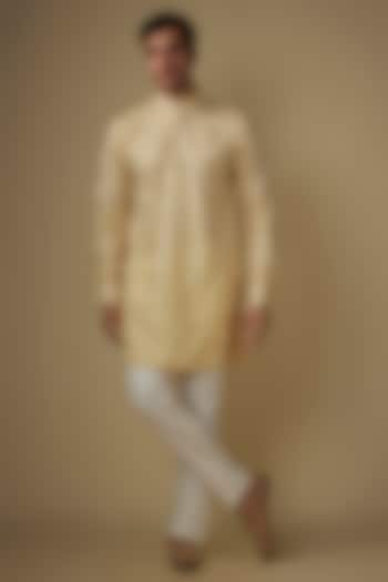 Cream Blended Silk Applique Embroidered Kurta Set by Spring Break Men at Pernia's Pop Up Shop