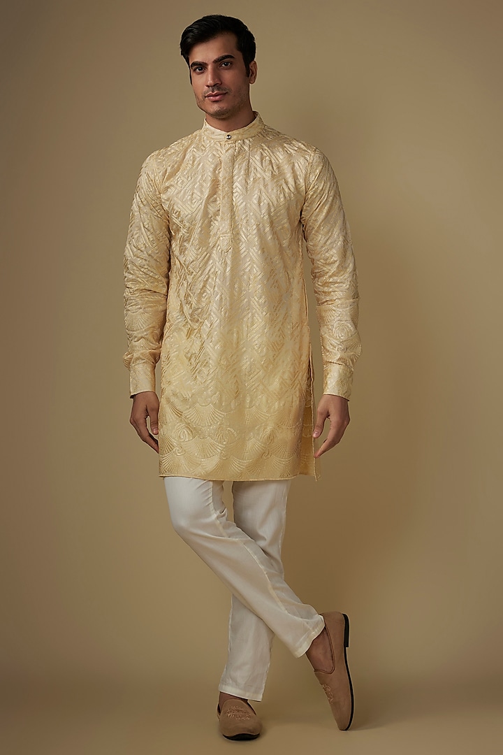 Cream Blended Silk Applique Embroidered Kurta Set by Spring Break Men at Pernia's Pop Up Shop