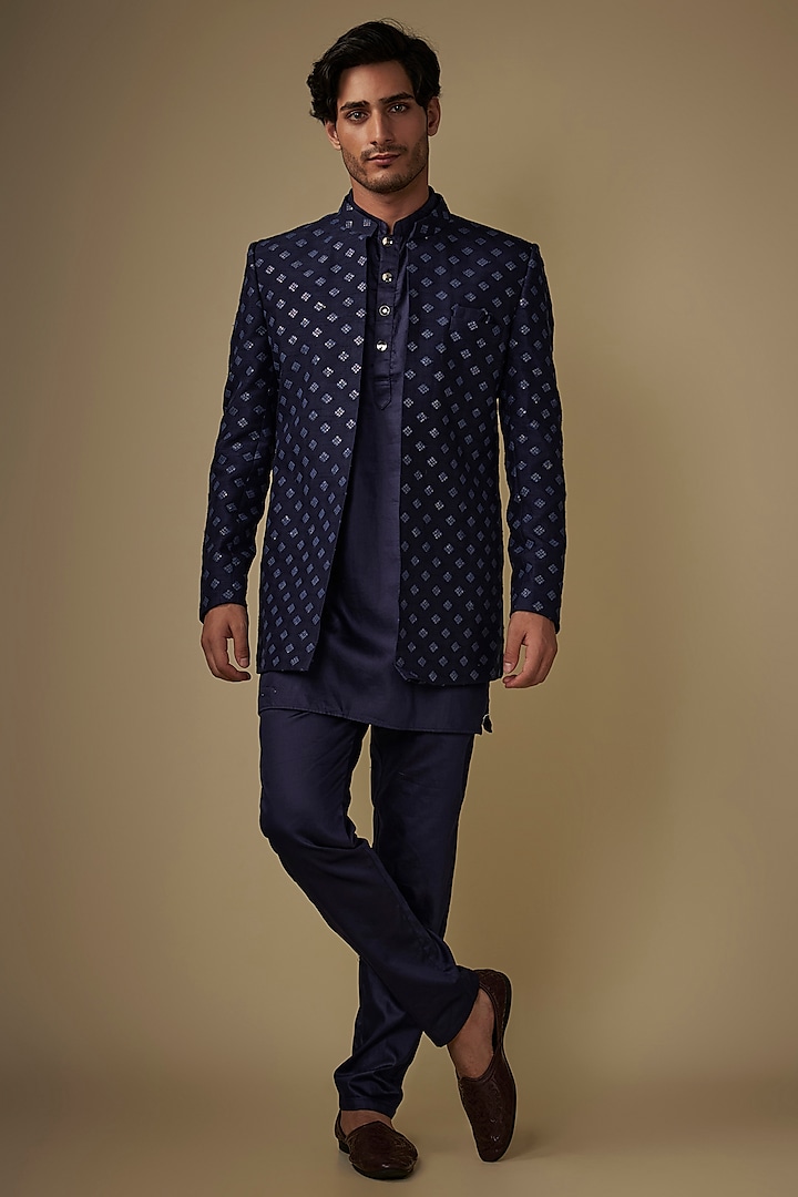 Navy Blue Blended Silk Applique Embroidered Indo-Western Set by Spring Break Men at Pernia's Pop Up Shop