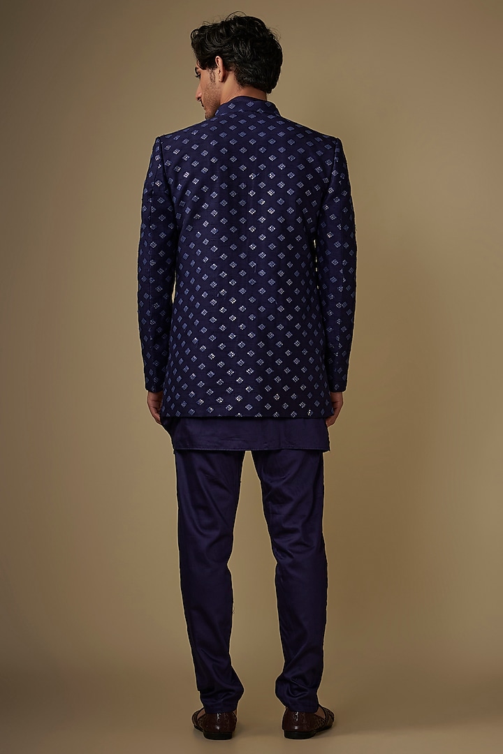 Navy Blue Blended Silk Applique Embroidered Indo-Western Set by Spring Break Men at Pernia's Pop Up Shop