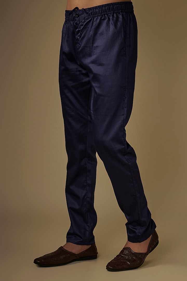 Navy Blue Blended Silk Applique Embroidered Indo-Western Set by Spring Break Men at Pernia's Pop Up Shop