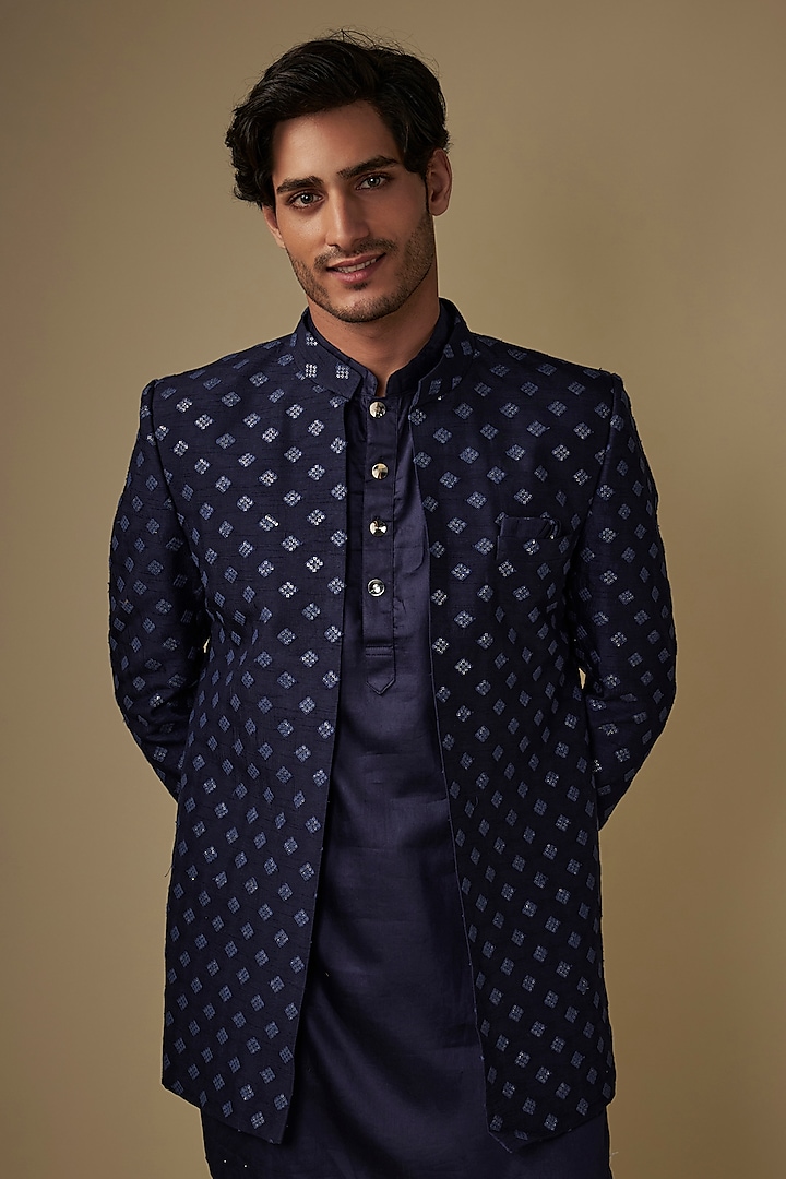 Navy Blue Blended Silk Applique Embroidered Indo-Western Set by Spring Break Men at Pernia's Pop Up Shop