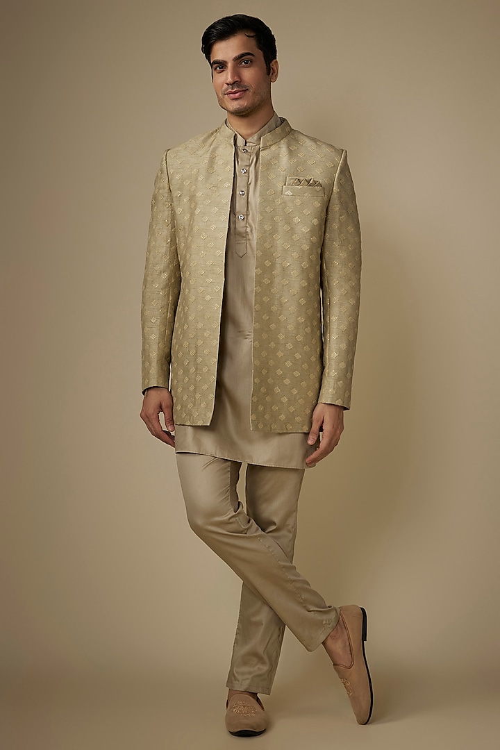 Champagne Gold Blended Silk Applique Embroidered Indo-Western Set by Spring Break Men at Pernia's Pop Up Shop