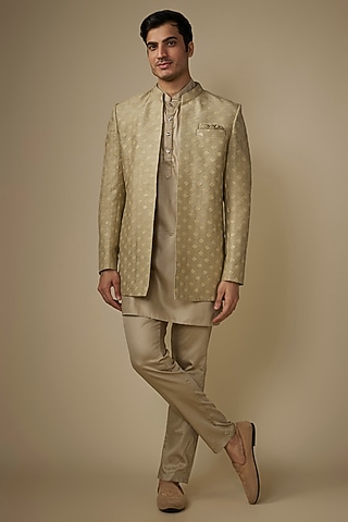 Champagne Gold Blended Silk Applique Embroidered Indo-Western Set by Spring Break Men