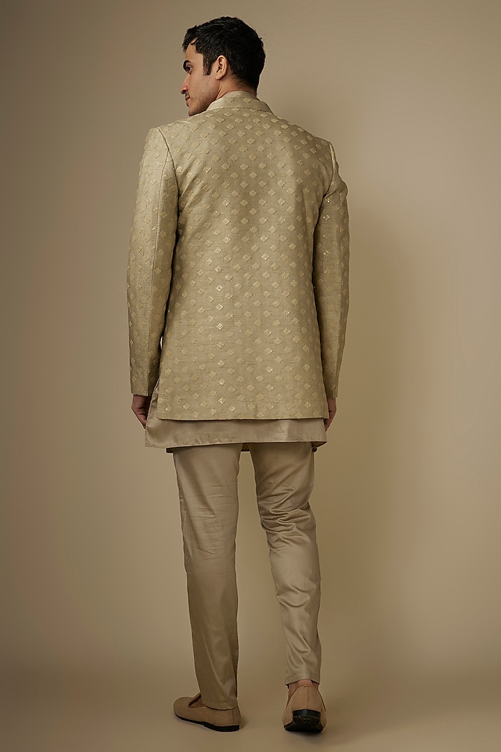 Champagne Gold Blended Silk Applique Embroidered Indo-Western Set by Spring Break Men at Pernia's Pop Up Shop
