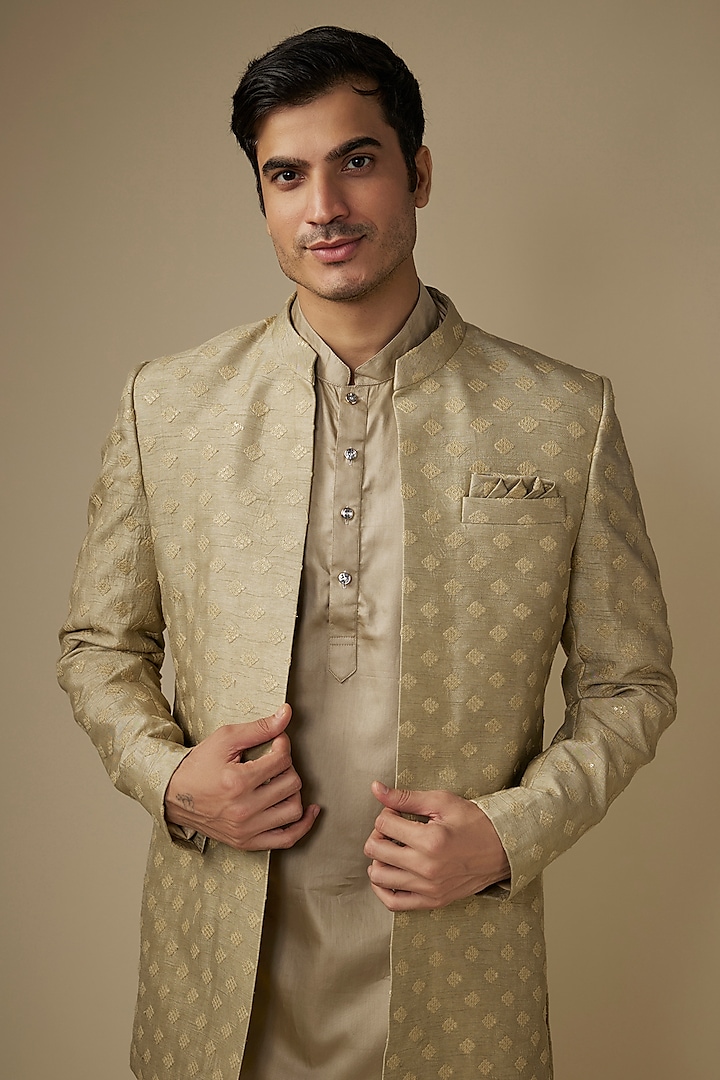 Champagne Gold Blended Silk Applique Embroidered Indo-Western Set by Spring Break Men at Pernia's Pop Up Shop