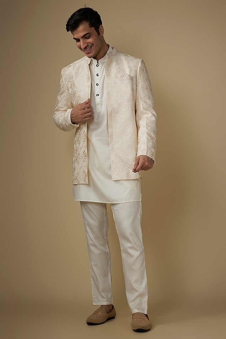 Ivory Viscose Laser Cut Applique Work Indo-Western Set by Spring Break Men at Pernia's Pop Up Shop