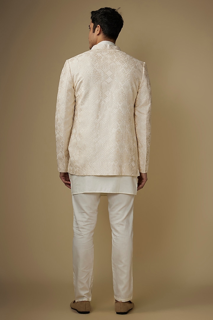 Ivory Viscose Laser Cut Applique Work Indo-Western Set by Spring Break Men at Pernia's Pop Up Shop