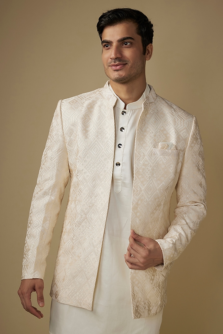 Ivory Viscose Laser Cut Applique Work Indo-Western Set by Spring Break Men at Pernia's Pop Up Shop