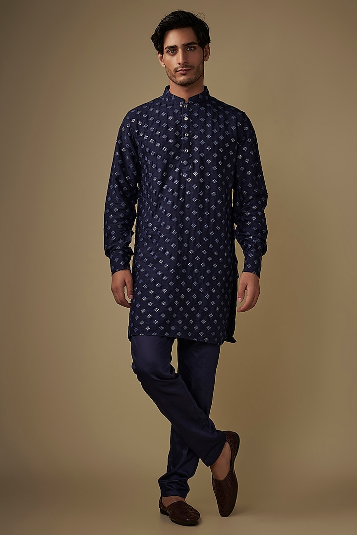 Navy Blue Blended Silk Applique Embroidered Kurta Set by Spring Break Men at Pernia's Pop Up Shop