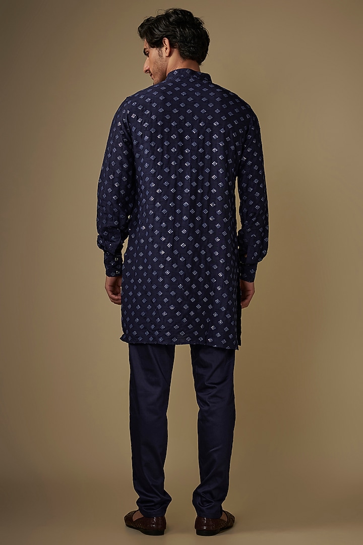 Navy Blue Blended Silk Applique Embroidered Kurta Set by Spring Break Men at Pernia's Pop Up Shop