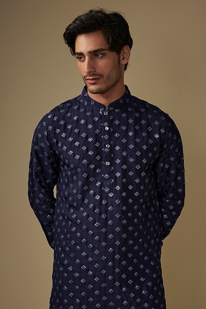 Navy Blue Blended Silk Applique Embroidered Kurta Set by Spring Break Men at Pernia's Pop Up Shop