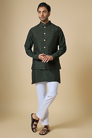 Bottle Green Blended Silk Embroidered Bundi Jacket Set by Spring Break Men