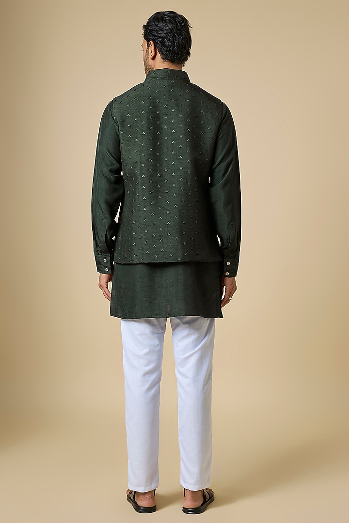 Bottle Green Blended Silk Embroidered Bundi Jacket Set by Spring Break Men at Pernia's Pop Up Shop