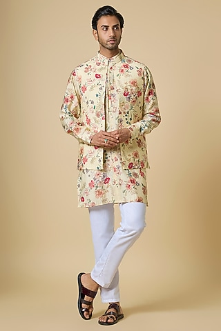 Beige Blended Silk Botanical Printed Jacket Set by Spring Break Men