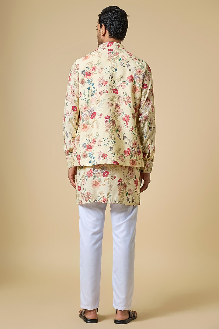 Beige Blended Silk Botanical Printed Jacket Set by Spring Break Men at Pernia's Pop Up Shop