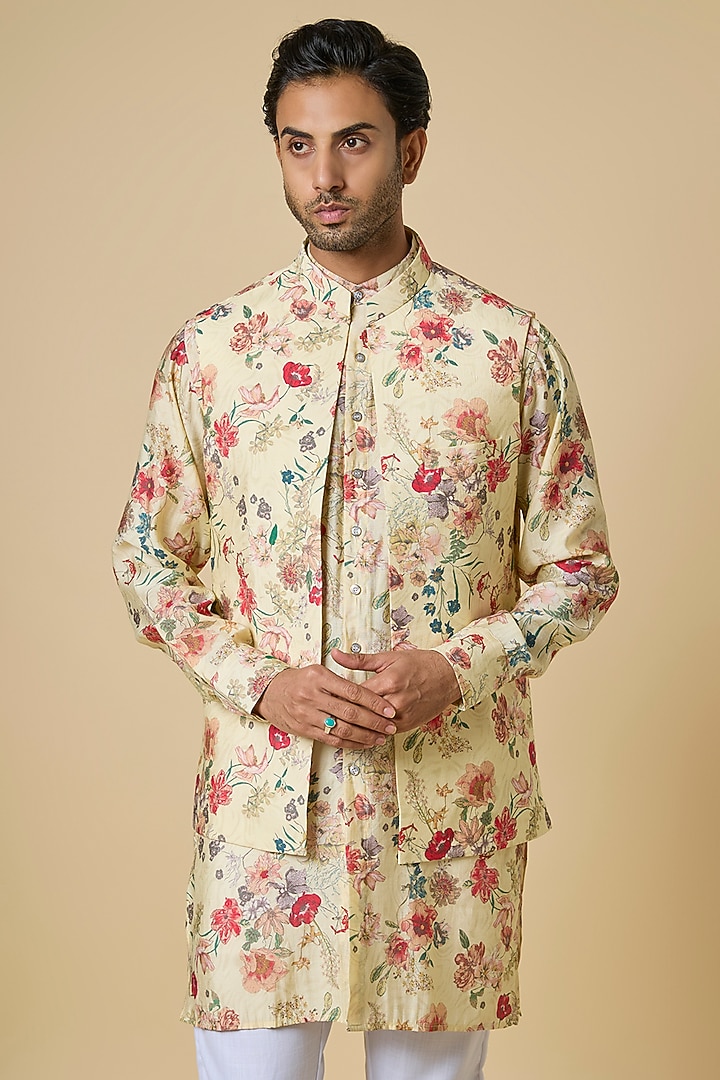 Beige Blended Silk Botanical Printed Jacket Set by Spring Break Men at Pernia's Pop Up Shop