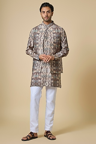 Grey Blended Silk Digital Printed Jacket Set by Spring Break Men