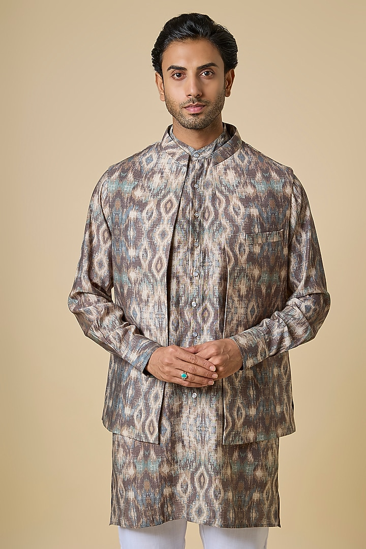 Grey Blended Silk Digital Printed Jacket Set by Spring Break Men at Pernia's Pop Up Shop