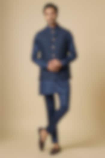 Navy Blue Blended Silk Embroidered Jacket Set by Spring Break Men at Pernia's Pop Up Shop