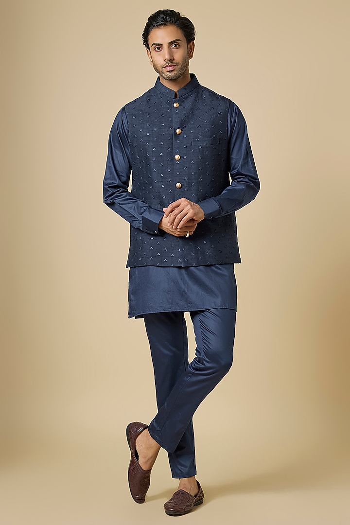 Navy Blue Blended Silk Embroidered Jacket Set by Spring Break Men at Pernia's Pop Up Shop