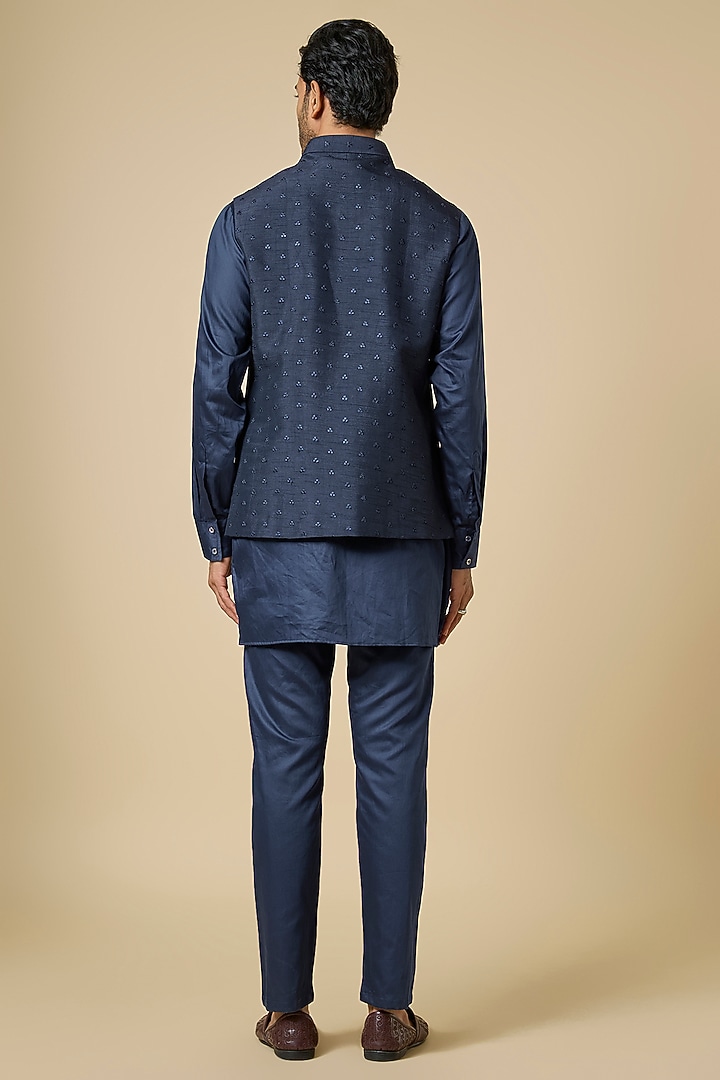 Navy Blue Blended Silk Embroidered Jacket Set by Spring Break Men at Pernia's Pop Up Shop