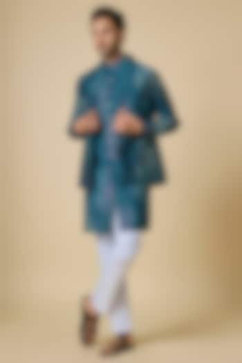 Blue Blended Silk Botanical Printed Jacket Set by Spring Break Men at Pernia's Pop Up Shop