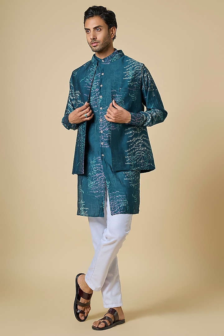 Blue Blended Silk Botanical Printed Jacket Set by Spring Break Men at Pernia's Pop Up Shop