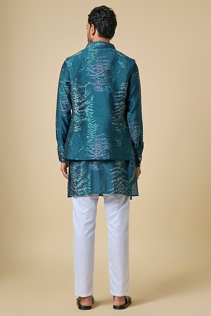 Blue Blended Silk Botanical Printed Jacket Set by Spring Break Men at Pernia's Pop Up Shop