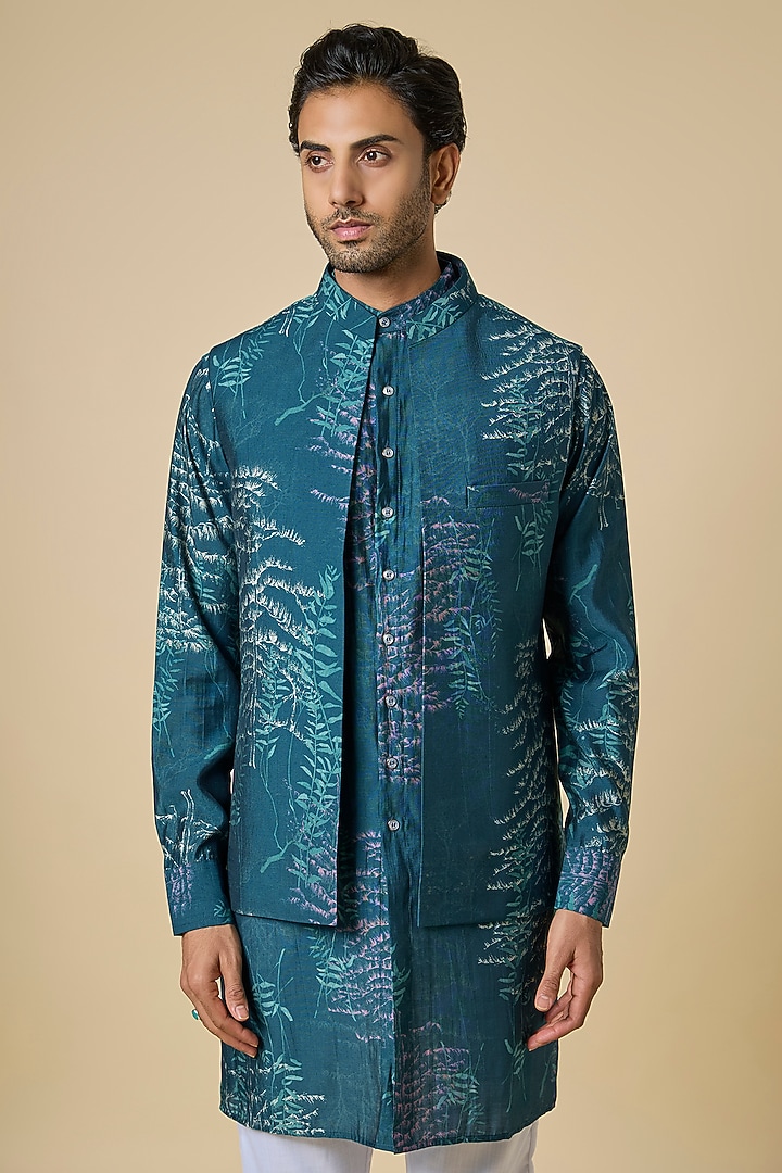 Blue Blended Silk Botanical Printed Jacket Set by Spring Break Men at Pernia's Pop Up Shop