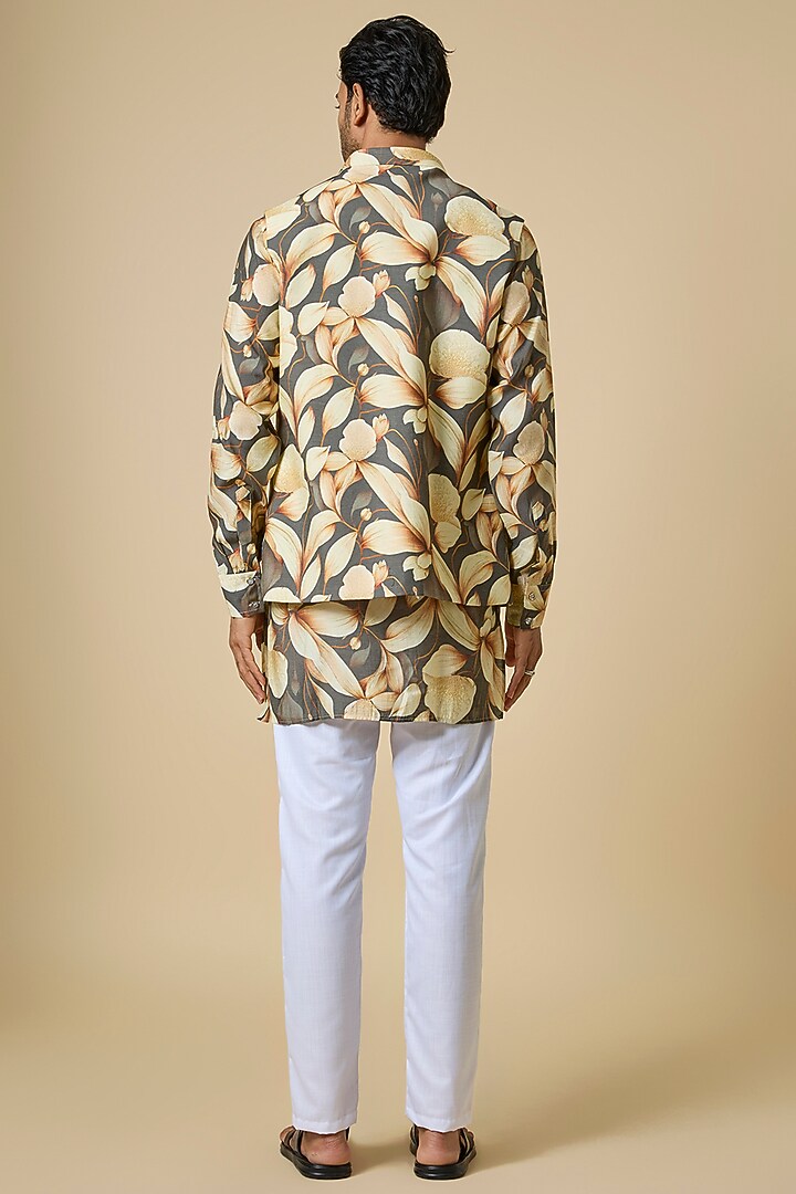 Grey Blended Silk Floral Printed Jacket Set by Spring Break Men at Pernia's Pop Up Shop