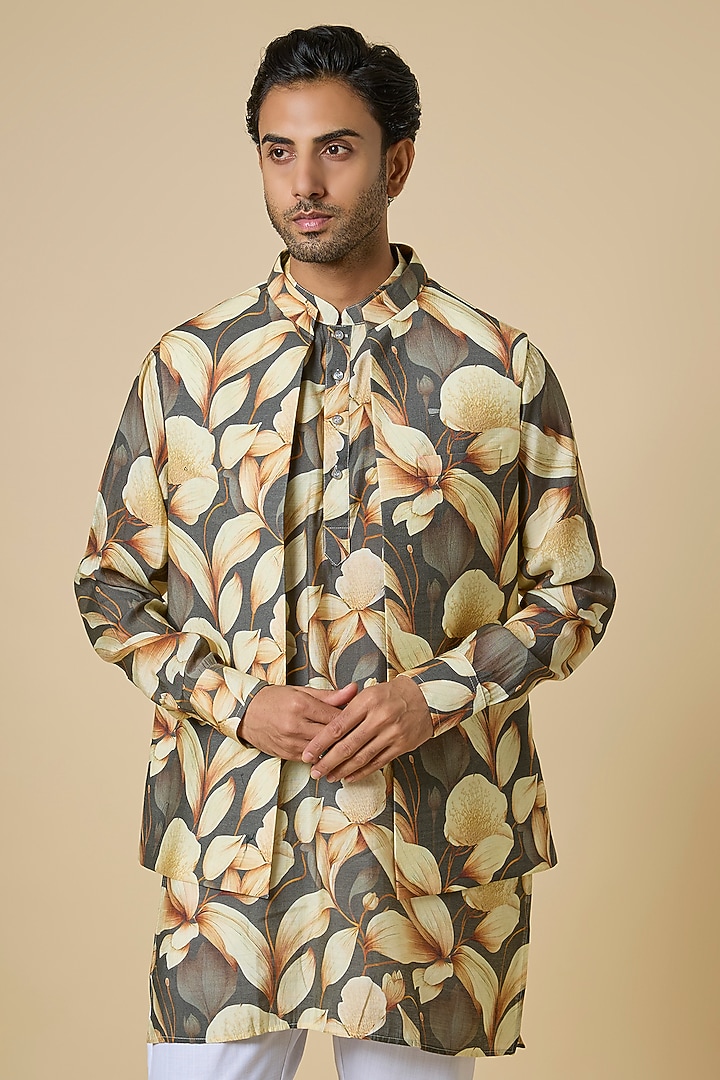Grey Blended Silk Floral Printed Jacket Set by Spring Break Men at Pernia's Pop Up Shop